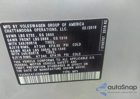2018 Volkswagen Atlas 3.6L V6 Se from USA, damaged, VIN 1V2CR2CA7JC558459